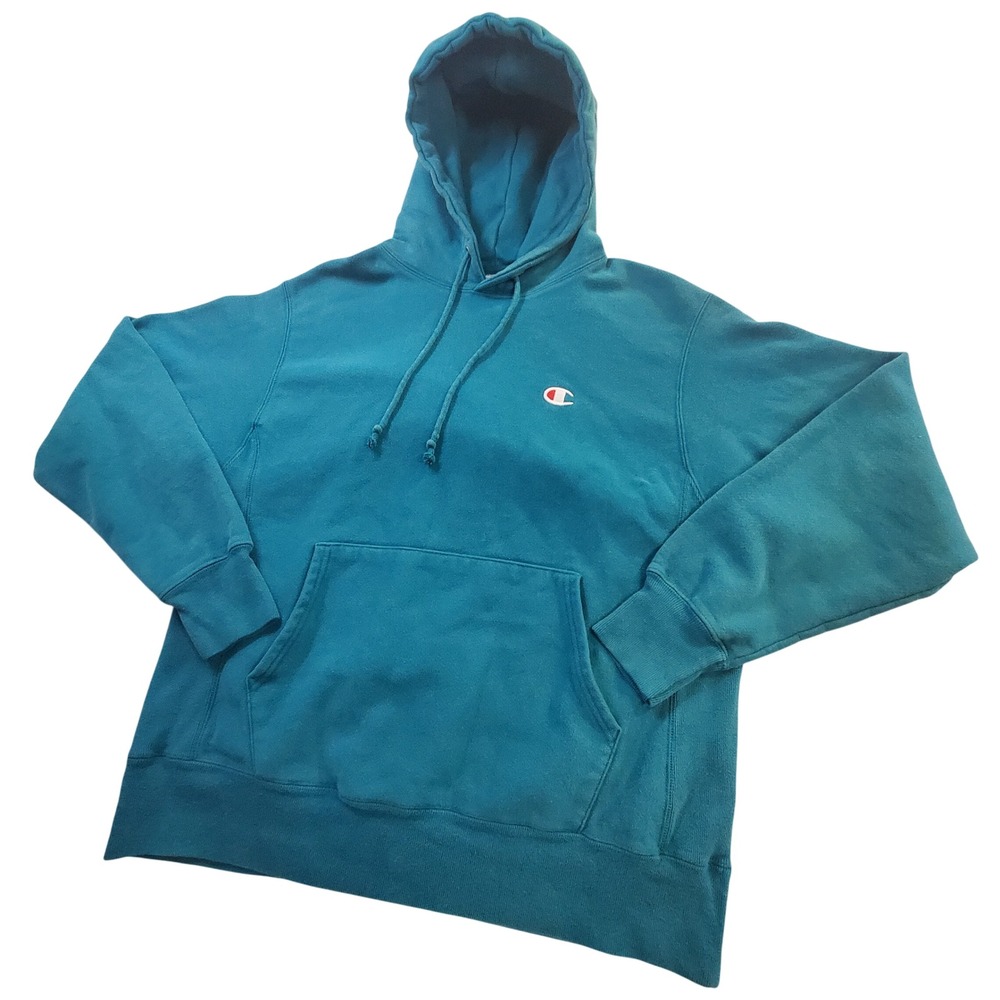 Vintage Champion Reverse Weave Hoodie L Green Teal Pullover Heavyweight 90s Y2K